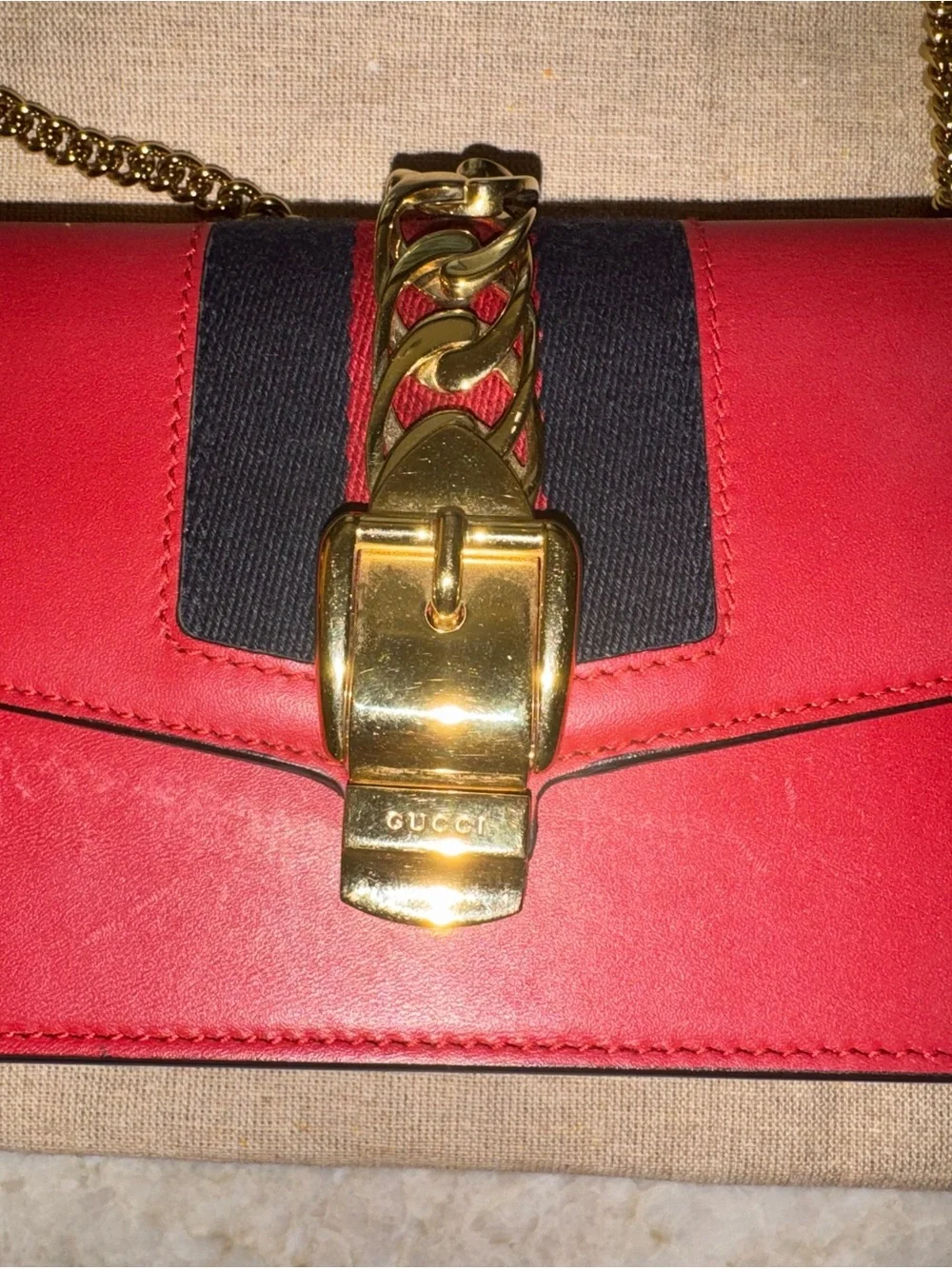 Gucci Red Leather Mini Sylvie Crossbody/Shoulder Bag with Gold Hardware